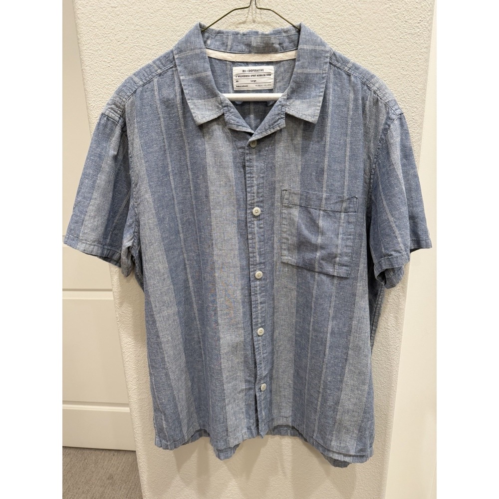 REI Cooperative Shirt Mens Large Blue Chambray Striped Hemp & Organic Cotton